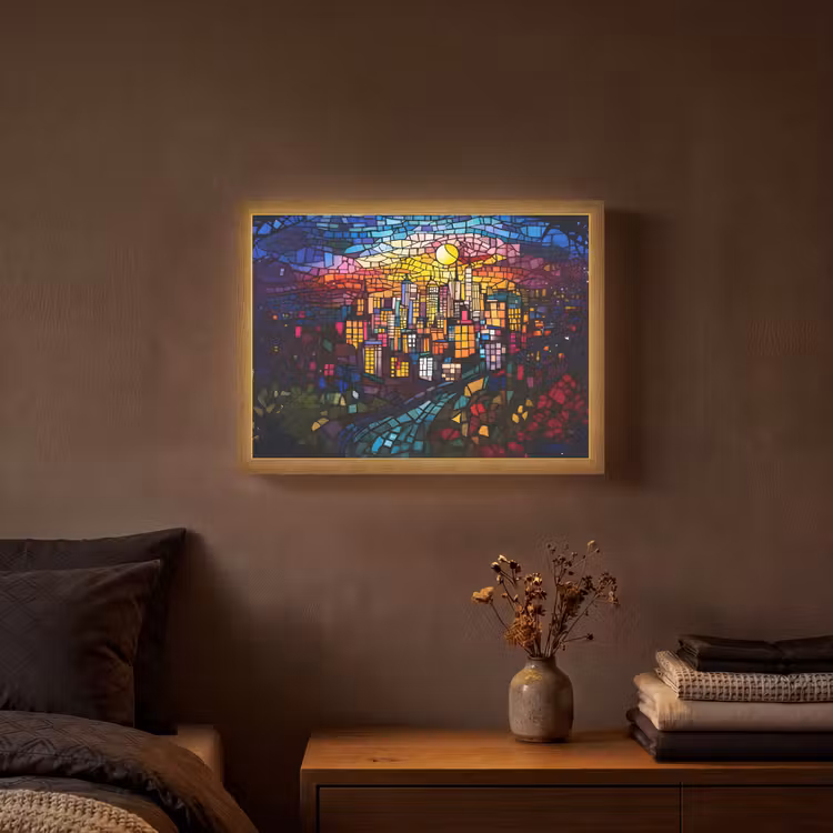 Stad - Maan - Mozaïek - Kleurrijk Light Box met batterij (Wandlamp) middel -sfeer4