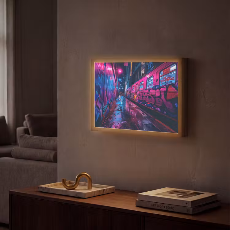 Stad - Neon -  Nacht - Roze - Graffiti Light Box met batterij (Wandlamp) middel -sfeer1
