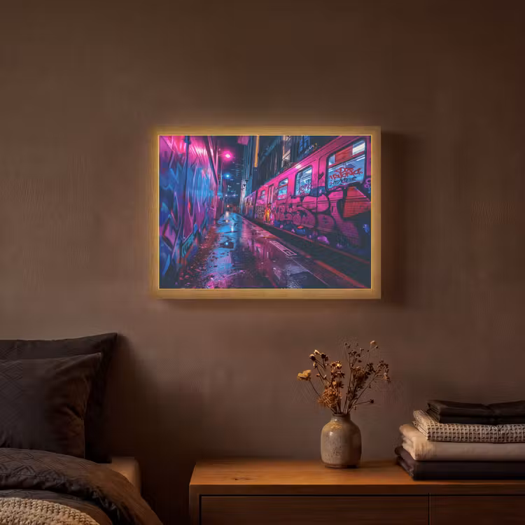 Stad - Neon -  Nacht - Roze - Graffiti Light Box met batterij (Wandlamp) middel -sfeer4