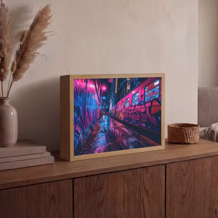 Stad - Neon -  Nacht - Roze - Graffiti Light Box met batterij (Wandlamp) middel -sfeer2