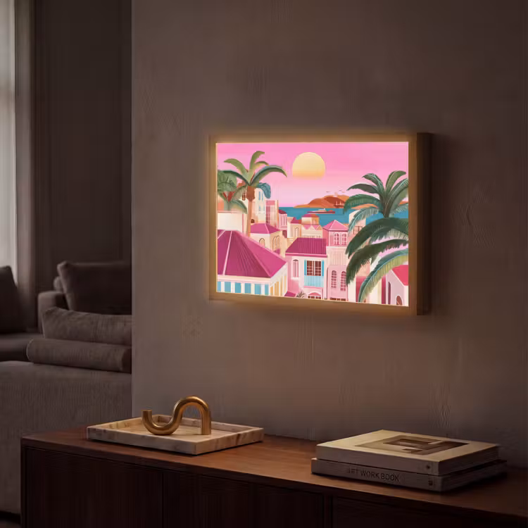 Stad - Roze - Palmbomen Light Box met batterij (Wandlamp) middel -sfeer1