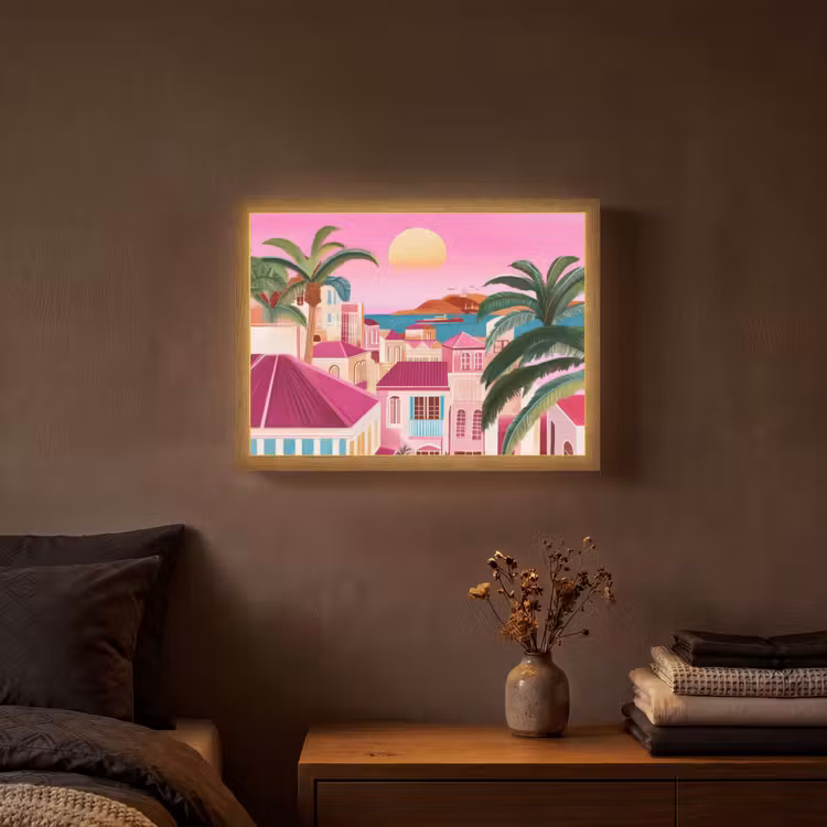 Stad - Roze - Palmbomen Light Box met batterij (Wandlamp) middel -sfeer4