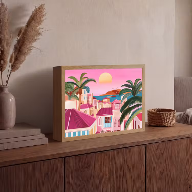 Stad - Roze - Palmbomen Light Box met batterij (Wandlamp) middel -sfeer2
