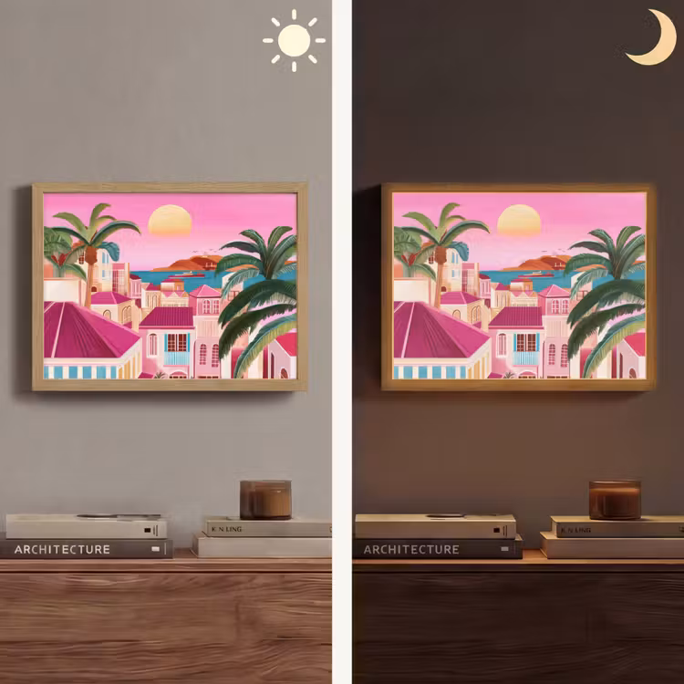Stad - Roze - Palmbomen Light Box met batterij (Wandlamp) middel -sfeer3
