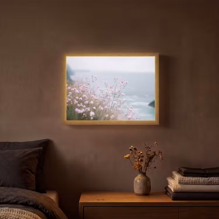 Klif - Bloemen - Zee - Roze Light Box met batterij (Wandlamp) middel -sfeer4
