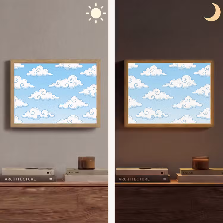 Wolk - Lucht - Cartoon - Blauw - Wit Light Box met batterij (Wandlamp) middel -sfeer3
