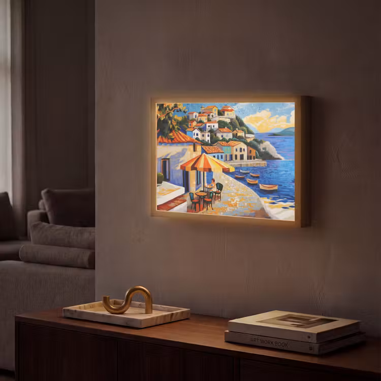 Kustdorp - Huisjes - Mozaïek - Zee Light Box met batterij (Wandlamp) middel -sfeer1