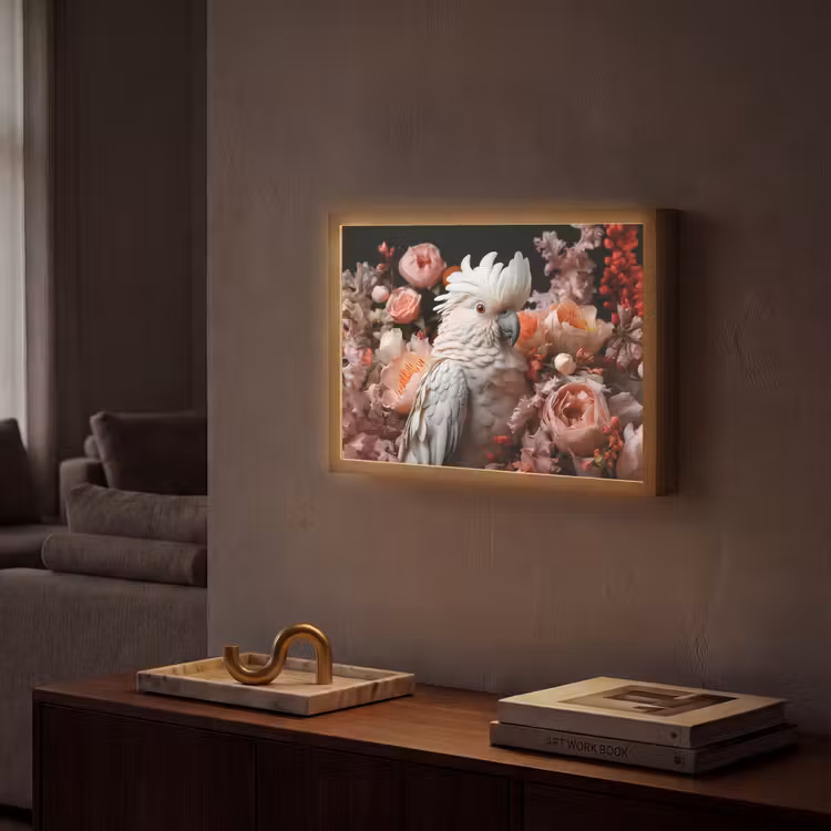 Kaketoe - Dier - Natuur - Botanisch - Bloemen - Roze Light Box met batterij (Wandlamp) middel -sfeer1