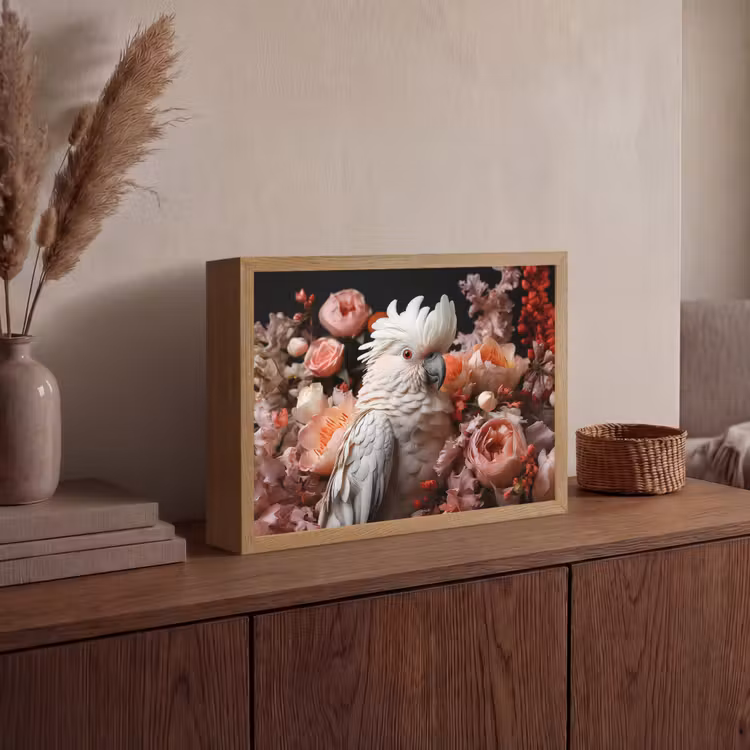 Kaketoe - Dier - Natuur - Botanisch - Bloemen - Roze Light Box met batterij (Wandlamp) middel -sfeer2