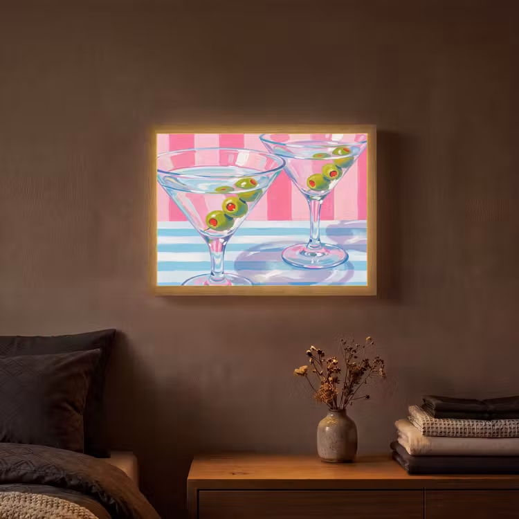 Cocktail - Olijven - Kunst - Modern - Roze Light Box met batterij (Wandlamp) middel -sfeer4