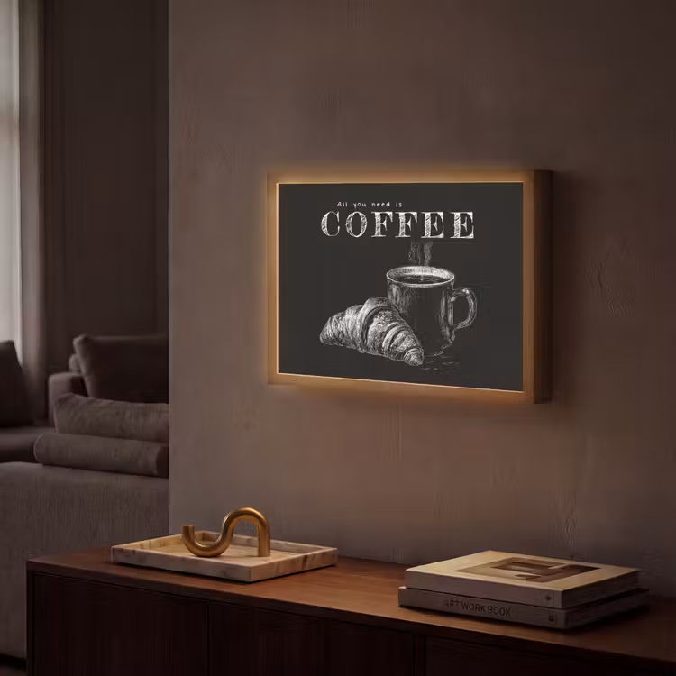 Koffie - Croissant - Tekst Light Box met batterij (Wandlamp) middel -sfeer1