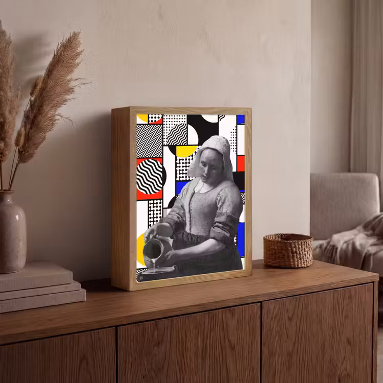 Collage - Mondriaan - Melkmeisje Light Box met batterij (Wandlamp) middel -sfeer2