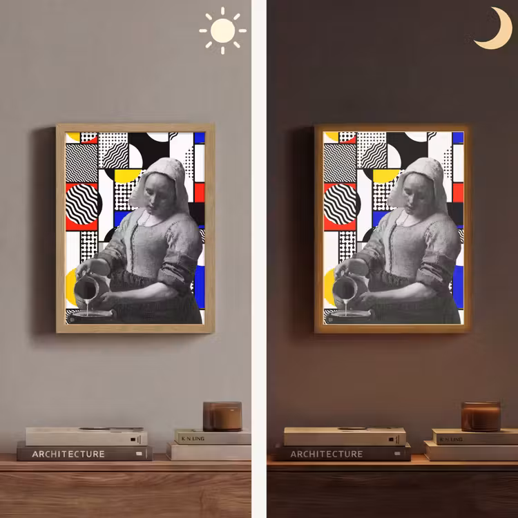 Collage - Mondriaan - Melkmeisje Light Box met batterij (Wandlamp) middel -sfeer3