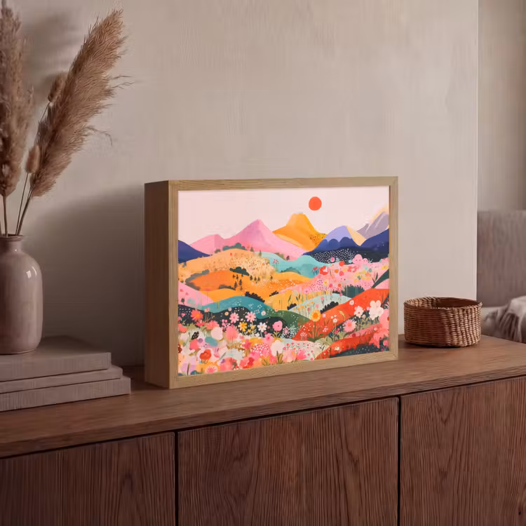 Kleurrijke bloemen - Bergen - Fantasielandschap Light Box met batterij (Wandlamp) middel -sfeer2
