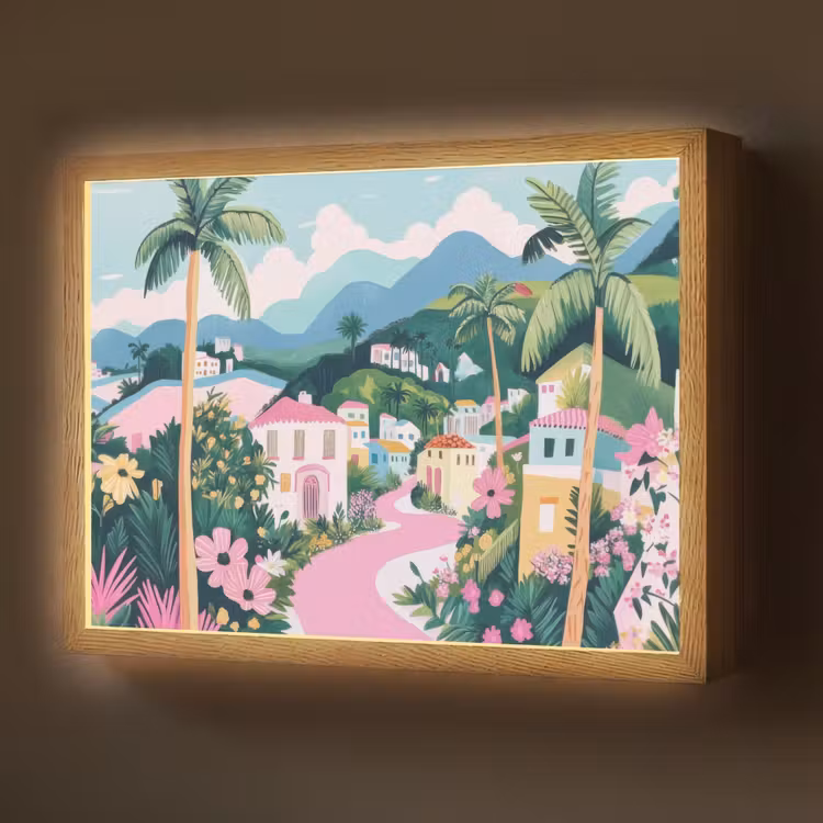 Kleurrijk - Huizen - Heuvels - Roze Light Box met batterij (Wandlamp) middel -z3d_website