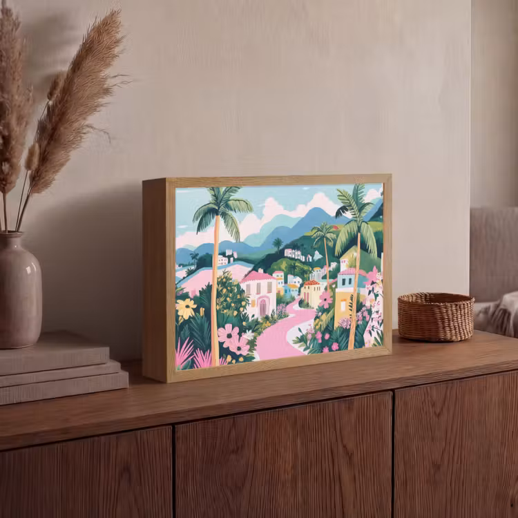 Kleurrijk - Huizen - Heuvels - Roze Light Box met batterij (Wandlamp) middel -sfeer2