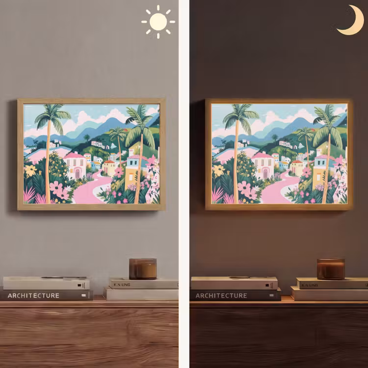 Kleurrijk - Huizen - Heuvels - Roze Light Box met batterij (Wandlamp) middel -sfeer3