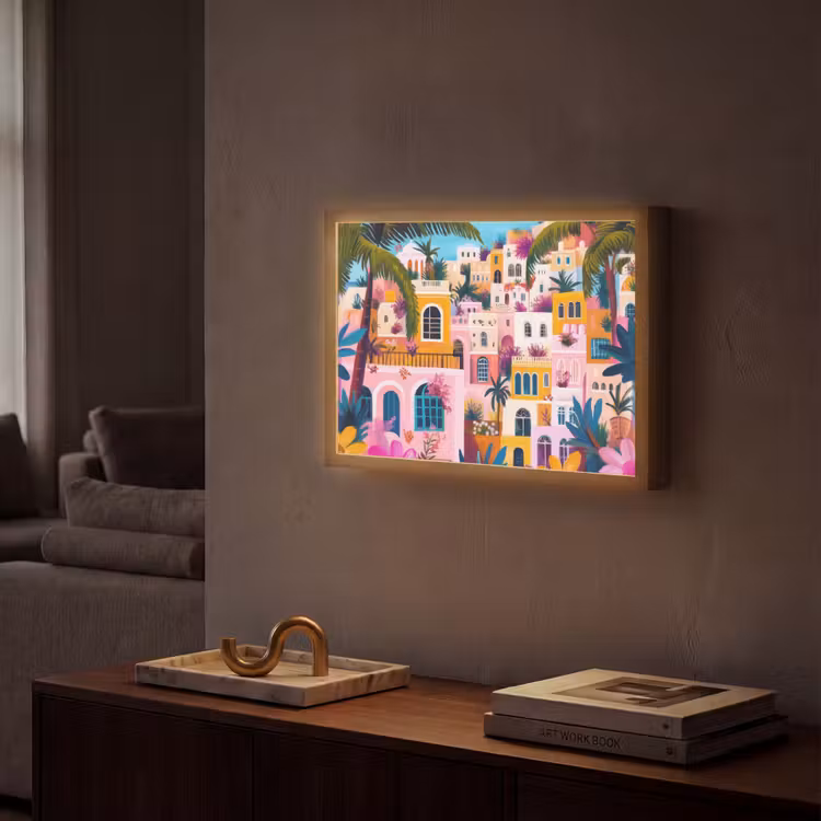 Kleurrijk - Roze - Oranje - Geel - Bloemen Light Box met batterij (Wandlamp) middel -sfeer1