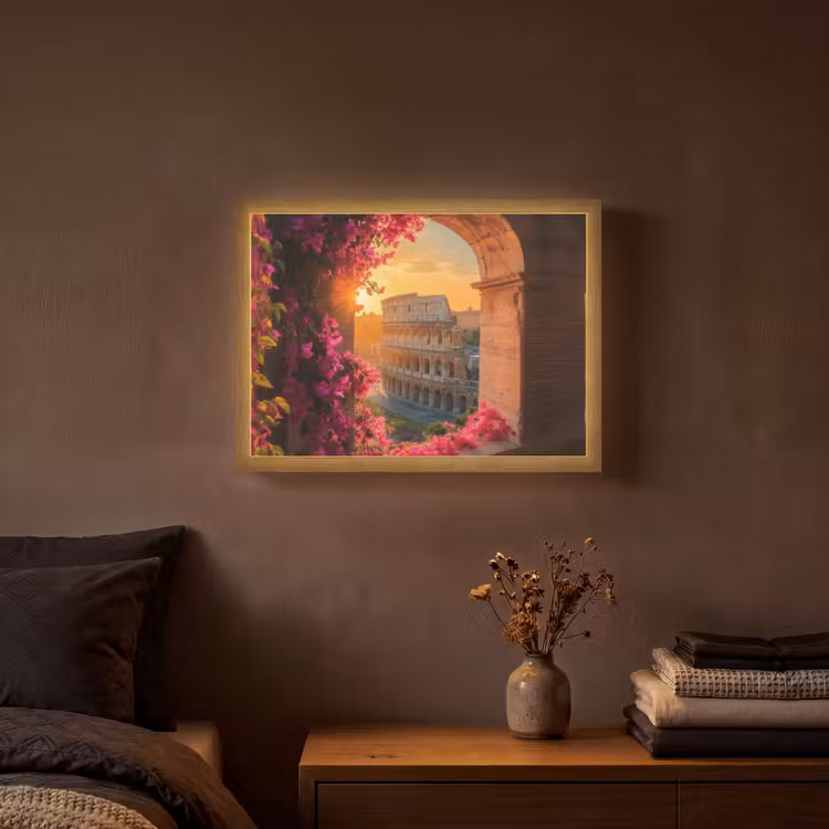 Colosseum - Rome - Roze Bloemen Light Box met batterij (Wandlamp) middel -sfeer4