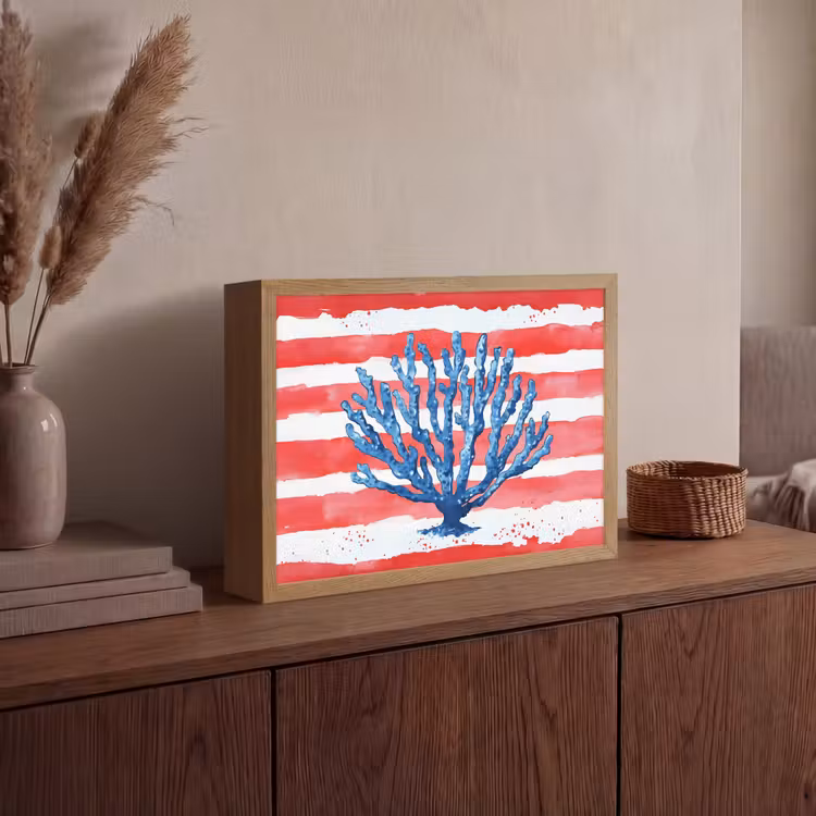 Koraal - Verfstructuur - Rood - Blauw Light Box met batterij (Wandlamp) middel -sfeer2