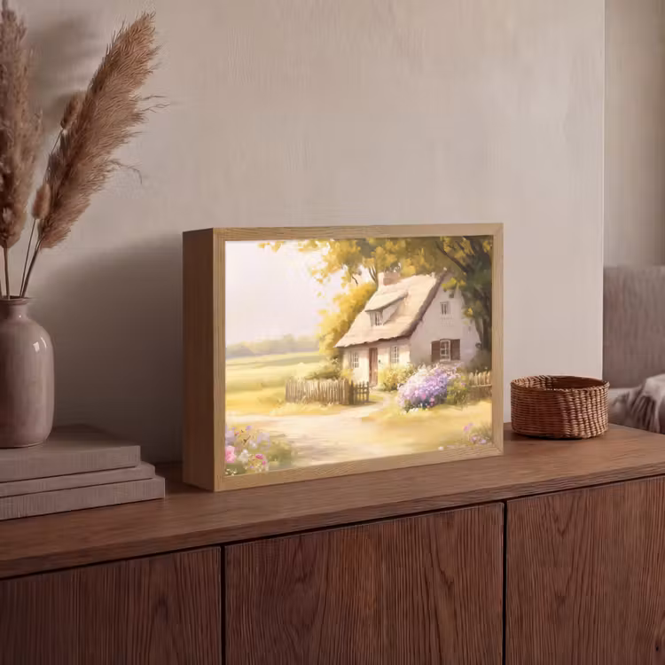 Huisje - Hout - Bloemen Light Box met batterij (Wandlamp) middel -sfeer2