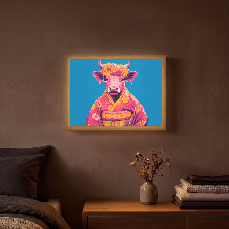 Koe - Bloemenkrans - Oorhangers - Kimono Light Box met batterij (Wandlamp) middel -sfeer4