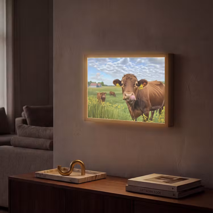 Koe - Weide - Bloemen Light Box met batterij (Wandlamp) middel -sfeer1