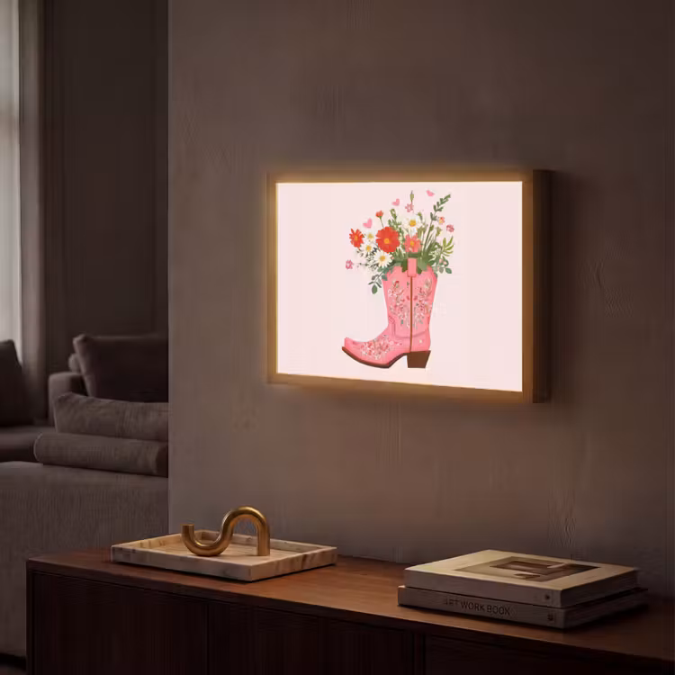Cowboylaarzen - Roze - Boeket - Bloemen Light Box met batterij (Wandlamp) middel -sfeer1