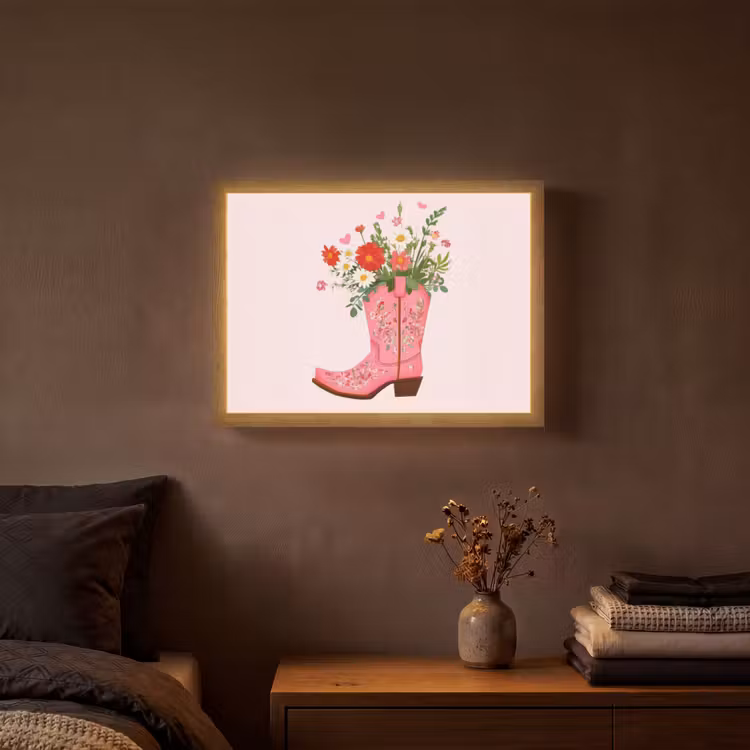 Cowboylaarzen - Roze - Boeket - Bloemen Light Box met batterij (Wandlamp) middel -sfeer4