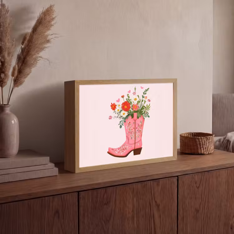 Cowboylaarzen - Roze - Boeket - Bloemen Light Box met batterij (Wandlamp) middel -sfeer2