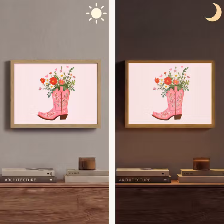 Cowboylaarzen - Roze - Boeket - Bloemen Light Box met batterij (Wandlamp) middel -sfeer3