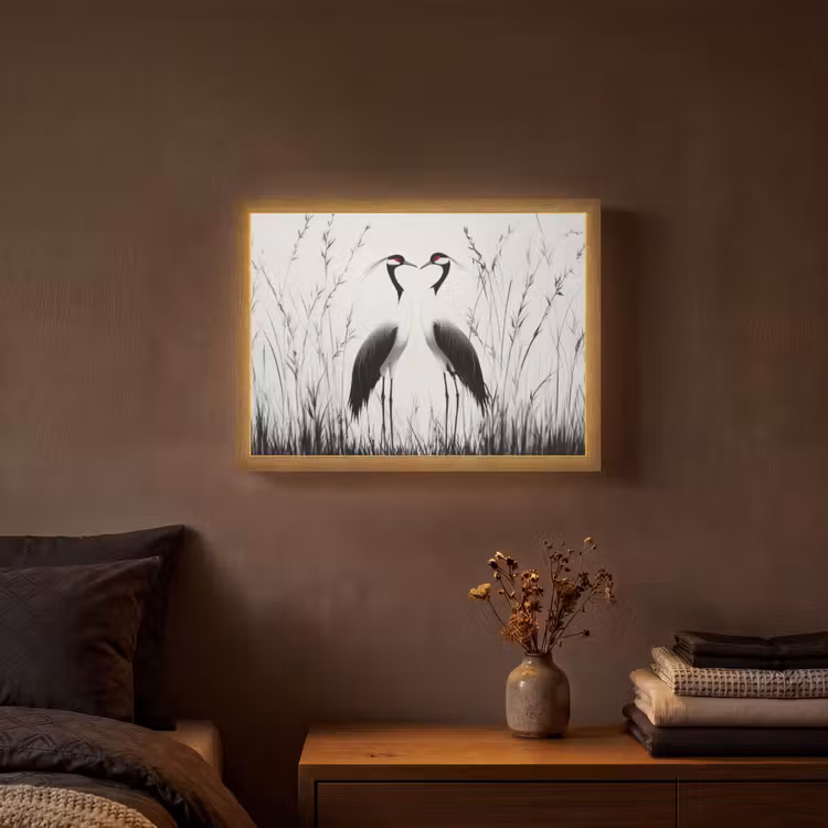 Kraanvogels - Gras - Hartvorm - Zwart Light Box met batterij (Wandlamp) middel -sfeer4