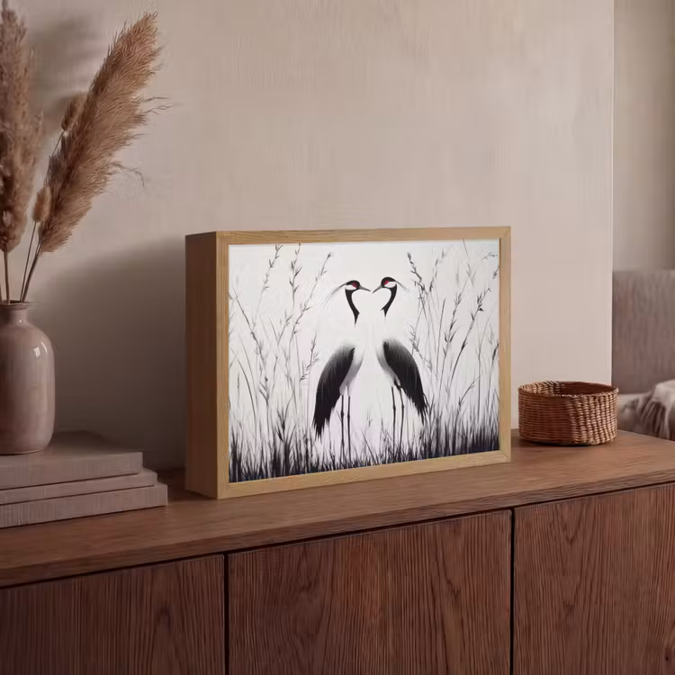 Kraanvogels - Gras - Hartvorm - Zwart Light Box met batterij (Wandlamp) middel -sfeer2