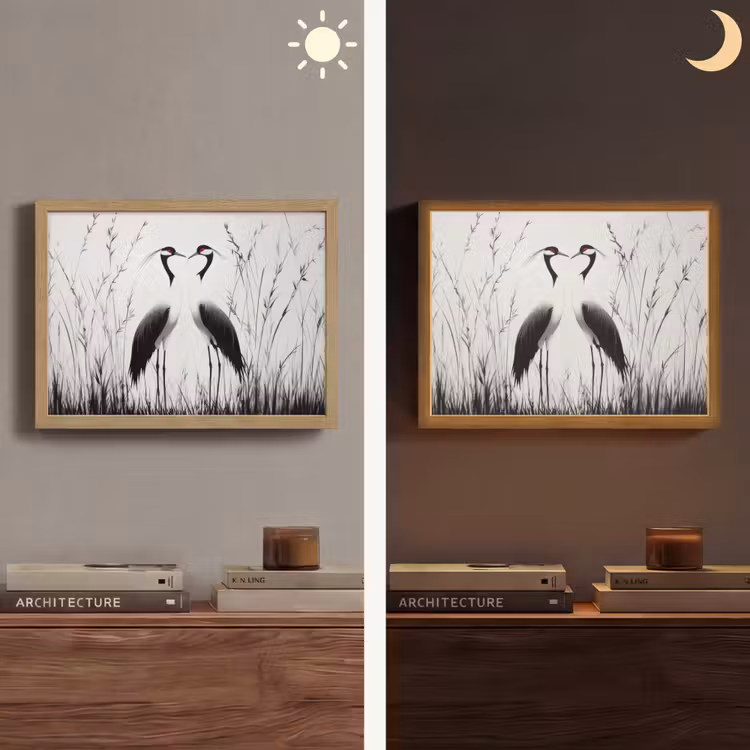 Kraanvogels - Gras - Hartvorm - Zwart Light Box met batterij (Wandlamp) middel -sfeer3