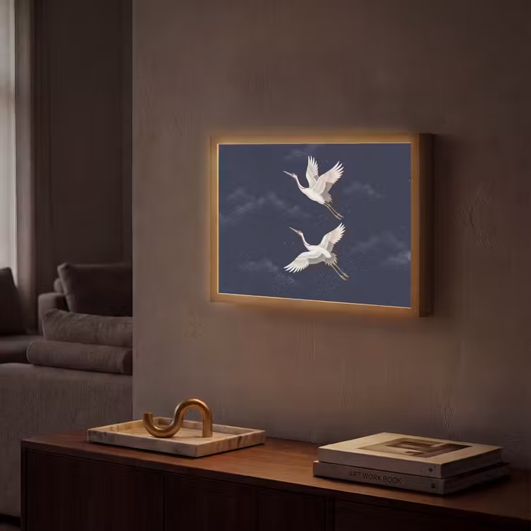 Kraanvogels - Nachthemel - Blauw Light Box met batterij (Wandlamp) middel -sfeer1
