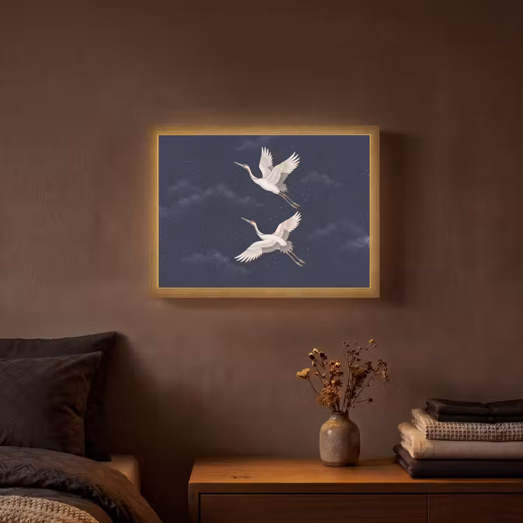 Kraanvogels - Nachthemel - Blauw Light Box met batterij (Wandlamp) middel -sfeer4