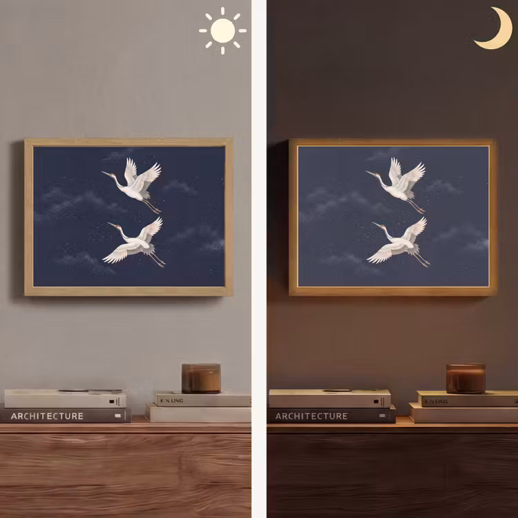 Kraanvogels - Nachthemel - Blauw Light Box met batterij (Wandlamp) middel -sfeer3