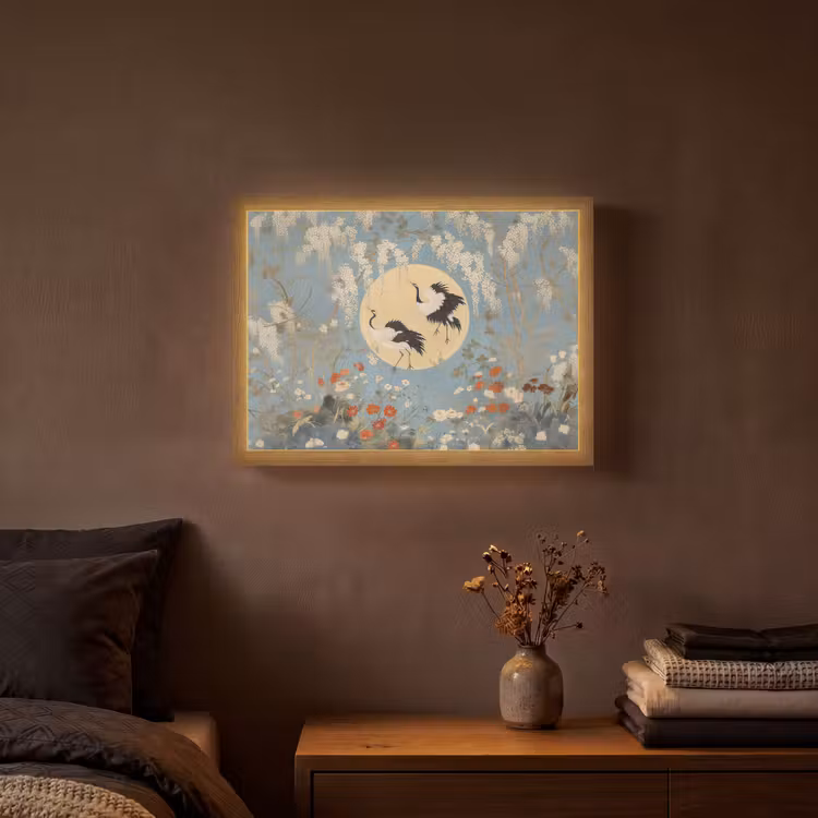Kraanvogels - Maan - Bloemen - Blauw Light Box met batterij (Wandlamp) middel -sfeer4