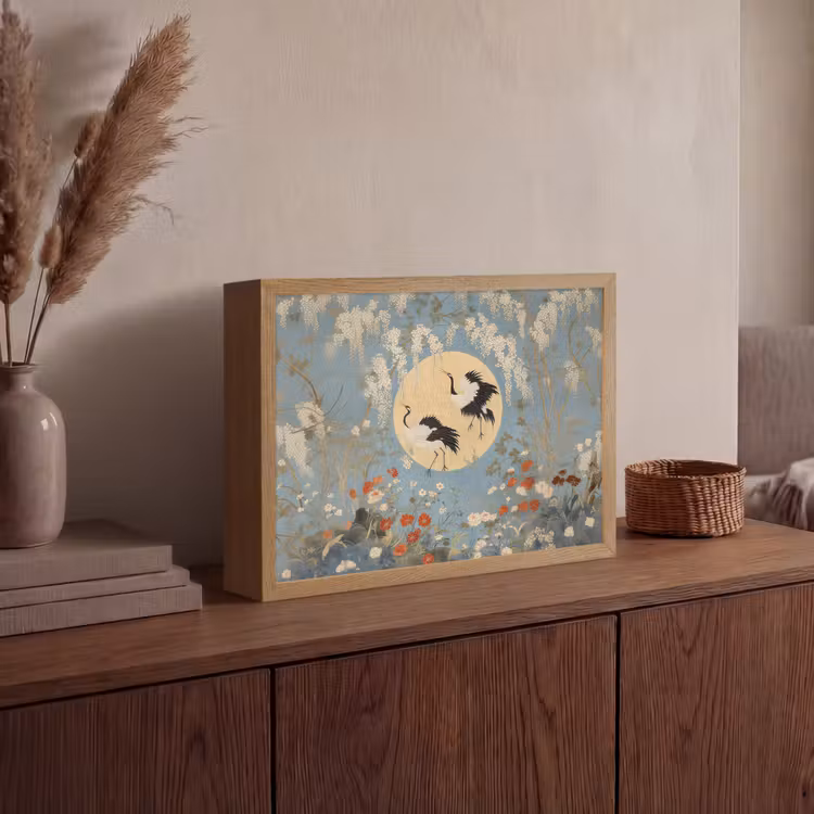 Kraanvogels - Maan - Bloemen - Blauw Light Box met batterij (Wandlamp) middel -sfeer2