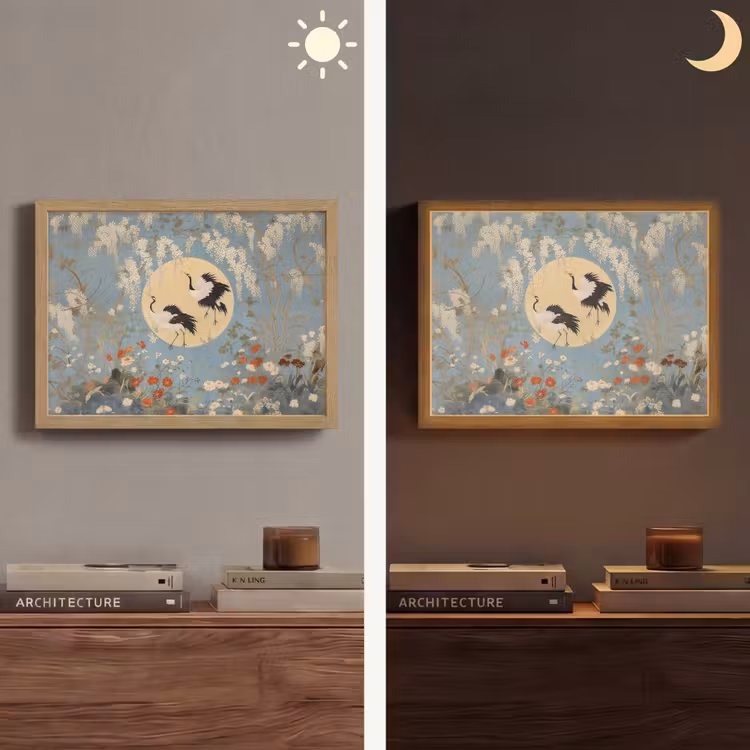Kraanvogels - Maan - Bloemen - Blauw Light Box met batterij (Wandlamp) middel -sfeer3