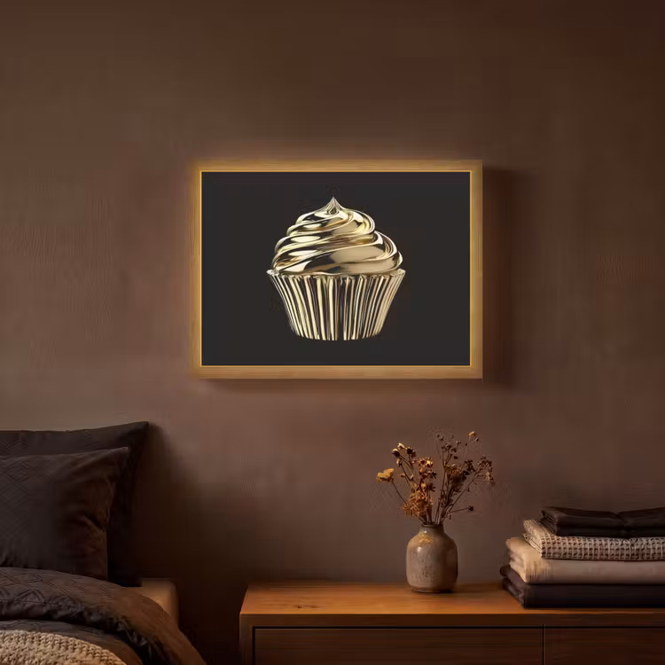 Cupcake - Eten - Goud - Zwart Light Box met batterij (Wandlamp) middel -sfeer4