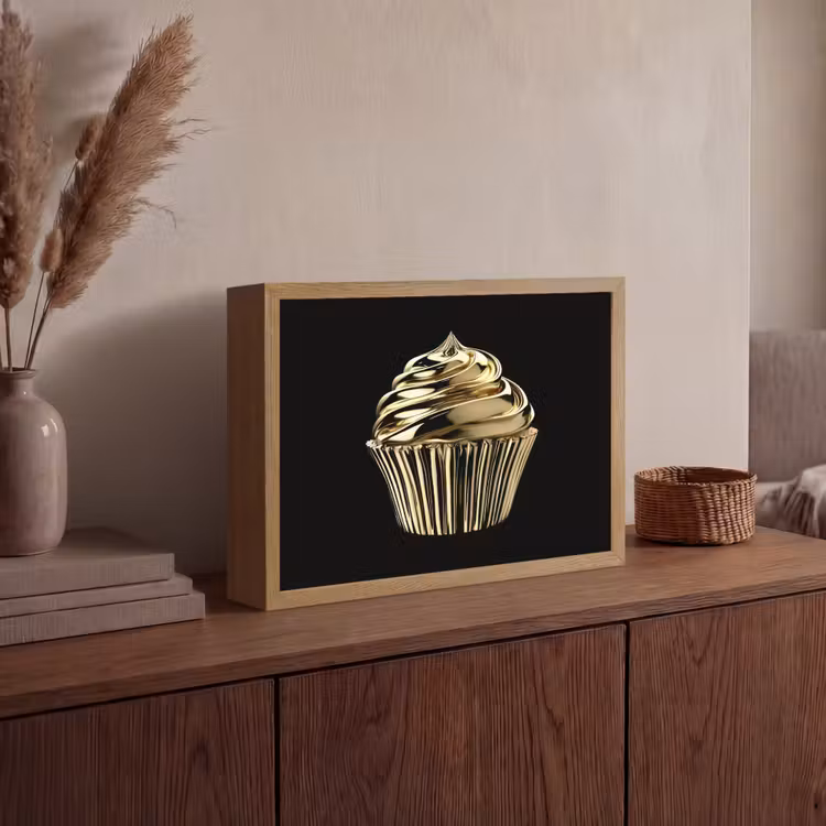 Cupcake - Eten - Goud - Zwart Light Box met batterij (Wandlamp) middel -sfeer2