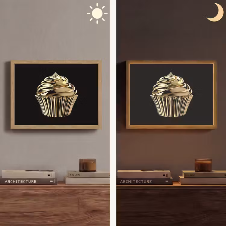 Cupcake - Eten - Goud - Zwart Light Box met batterij (Wandlamp) middel -sfeer3
