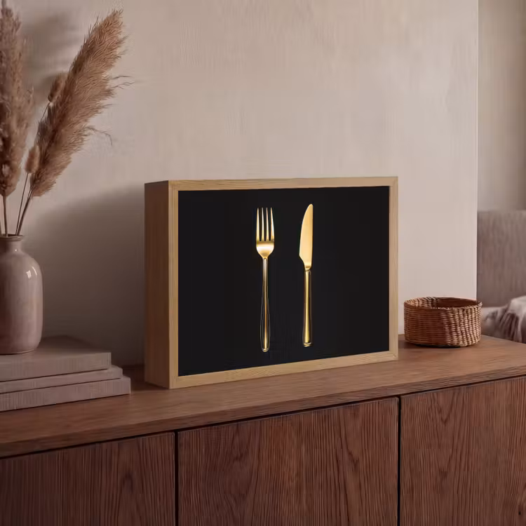 Bestek - Goud - Mes - Vork Light Box met batterij (Wandlamp) middel -sfeer2