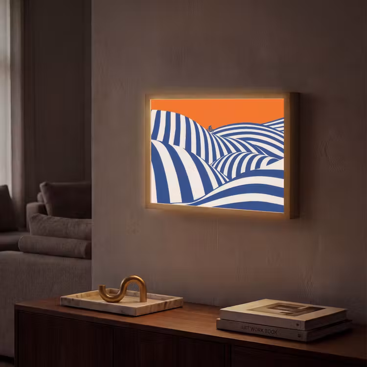 Fietser - Heuvels - Strepen - Blauw Light Box met batterij (Wandlamp) middel -sfeer1
