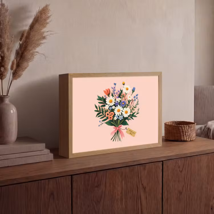 Margrieten - Boeket - Strikje - Roze Light Box met batterij (Wandlamp) middel -sfeer2