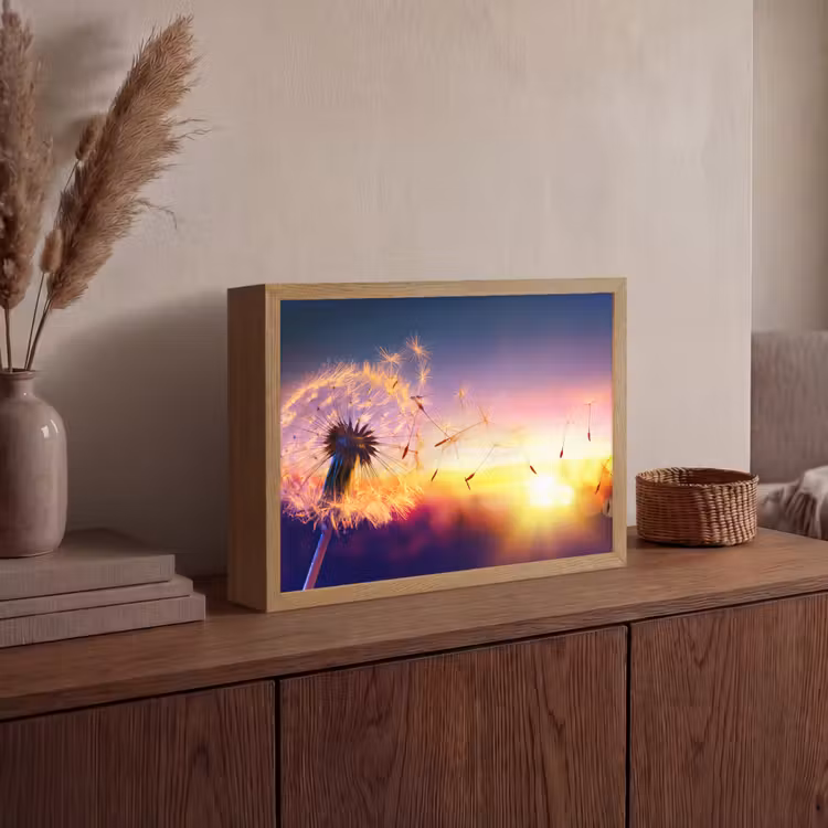 Paardenbloem - Bloemen - Zonsondergang - Horizon - Nacht Light Box met batterij (Wandlamp) middel -sfeer2