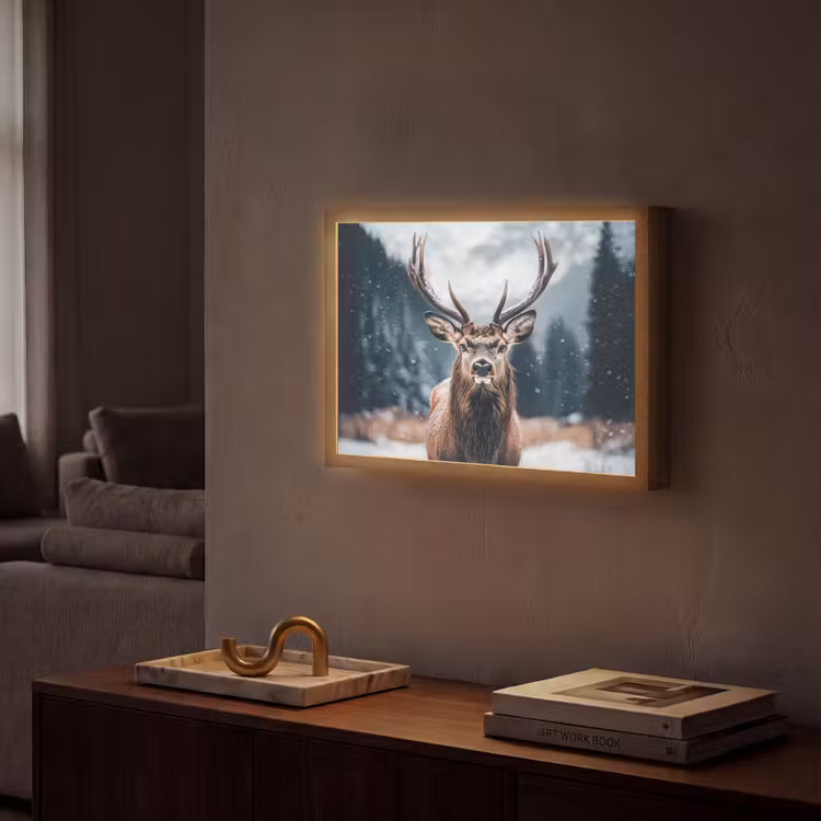 Hert - Dieren - Landschap - Winter - Sneeuw Light Box met batterij (Wandlamp) middel -sfeer1