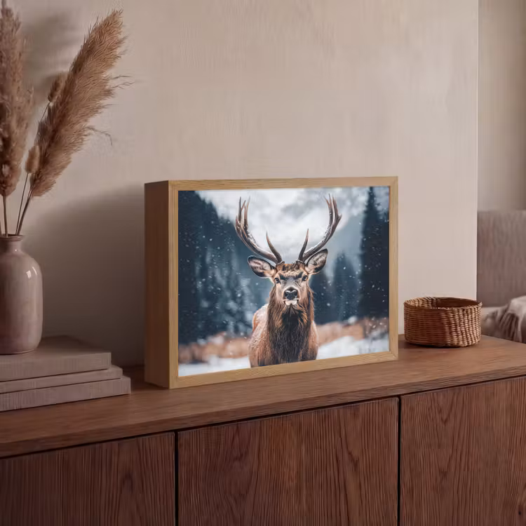 Hert - Dieren - Landschap - Winter - Sneeuw Light Box met batterij (Wandlamp) middel -sfeer2