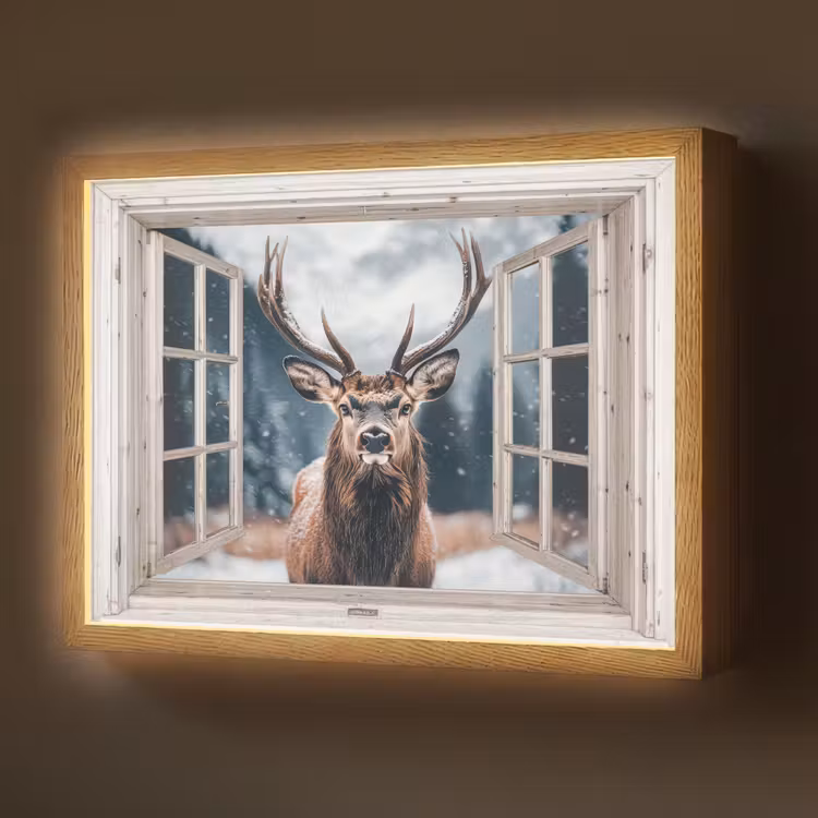 Hert - Dieren - Landschap - Winter - Sneeuw - Doorkijk - Natuur Light Box met batterij (Wandlamp) middel -z3d_website